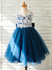 Blumenmädchen Kleider Dunkelmarineblau Abendkleider für Hochzeit Tüll ärmellos Prinzessin Hochzeit V-Ausschnitt kleid blumenmädchen knielang