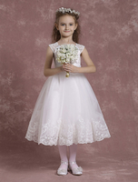 Blumenmädchen Kleider Elfenbeinfarbe Abendkleider für Hochzeit Satingewebe A-Linie- mit Rundkragen Hochzeit wadenlang kleid blumenmädchen