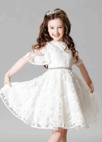 Blumenmädchen Kleider Elfenbeinfarbe Abendkleider für Hochzeit Satingewebe Kurzarm Prinzessin Hochzeit mit Rundkragen knielang