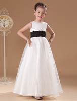 Blumenmädchen Kleider Elfenbeinfarbe Abendkleider für Hochzeit Satingewebe ärmellos A-Linie- Hochzeit mit Rundkragen bodenlang