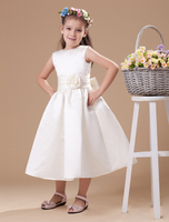 Blumenmädchen Kleider Elfenbeinfarbe Abendkleider für Hochzeit Satingewebe ärmellos A-Linie- Hochzeit mit Rundkragen kleid blumenmädchen