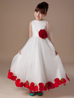 Blumenmädchen Kleider Elfenbeinfarbe Abendkleider für Hochzeit Satingewebe ärmellos A-Linie- Hochzeit mit Rundkragen knöchellang