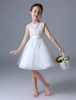 Blumenmädchen Kleider Elfenbeinfarbe Abendkleider für Hochzeit Satingewebe ärmellos Prinzessin Hochzeit mit Rundkragen knielang