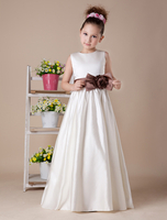 Blumenmädchen Kleider Elfenbeinfarbe Abendkleider für Hochzeit Satingewebe ärmellos Prom- Hochzeit mit Rundkragen kleid blumenmädchen bodenlang