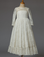Blumenmädchen Kleider Elfenbeinfarbe Abendkleider für Hochzeit Spitze Langarm A-Linie- Hochzeit Illusion Ausschnitt knöchellang