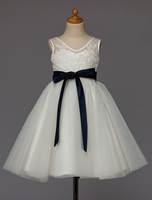 Blumenmädchen Kleider Elfenbeinfarbe Abendkleider für Hochzeit Spitze ärmellos A-Linie- Hochzeit mit Rundkragen kleid blumenmädchen knielang