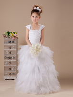 Blumenmädchen Kleider Elfenbeinfarbe Abendkleider für Hochzeit Taft ärmellos Prinzessin Hochzeit viereckiger Ausschnitt bodenlang