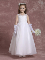 Blumenmädchen Kleider Elfenbeinfarbe Abendkleider für Hochzeit Tüll A-Linie- mit Rundkragen Hochzeit knöchellang kleid blumenmädchen