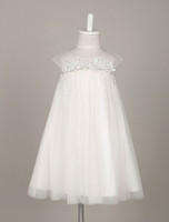 Blumenmädchen Kleider Elfenbeinfarbe Abendkleider für Hochzeit Tüll Kurzarm A-Linie- Hochzeit mit Rundkragen kleid blumenmädchen knielang