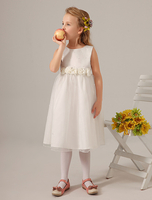 Blumenmädchen Kleider Elfenbeinfarbe Abendkleider für Hochzeit Tüll ärmellos Prinzessin Hochzeit mit Rundkragen kleid blumenmädchen wadenlang