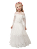 Blumenmädchen Kleider Elfenbeinweiß Abendkleider für Hochzeit Stretch Satin Langarm A-Linie- Hochzeit mit Rundkragen kleid blumenmädchen und Schleppe