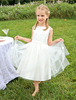 Blumenmädchen Kleider Elfenbeinweiß mit Rundkragen Abendkleider für Hochzeit Günstige Blumenmädchenkleider Satingewebe ärmellos Hochzeit