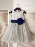 Blumenmädchen Kleider Grau Abendkleider für Hochzeit mit Pailletten bestickt ärmellos Prinzessin Hochzeit und Rundkragen kleid blumenmädchen knielang