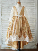 Blumenmädchen Kleider Hellgolden Abendkleider für Hochzeit mit Pailletten bestickt Langarm Prinzessin und Rundkragen und Schleppe