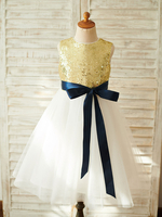 Blumenmädchen Kleider Hellgolden Abendkleider für Hochzeit mit Pailletten bestickt ärmellos Prinzessin Hochzeit und Rundkragen
