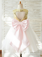 Blumenmädchen Kleider Hellgolden Abendkleider für Hochzeit mit Pailletten bestickt ärmellos Prinzessin Hochzeit und Rundkragen