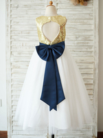 Blumenmädchen Kleider Hellgolden Abendkleider für Hochzeit mit Pailletten bestickt ärmellos Prinzessin Hochzeit und Rundkragen