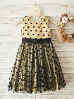 Blumenmädchen Kleider Hellgolden Abendkleider für Hochzeit mit Pailletten bestickt ärmellos Prinzessin und Rundkragen knielang