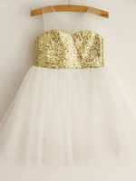 Blumenmädchen Kleider Hellgolden Abendkleider für Hochzeit mit Pailletten bestickt ärmellos Prinzessin und Rundkragen knielang