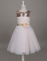 Blumenmädchen Kleider Hellgolden Abendkleider für Hochzeit Satingewebe ärmellos Prinzessin Hochzeit mit Rundkragen kleid blumenmädchen knielang