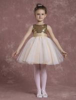 Blumenmädchen Kleider Hellgolden Abendkleider für Hochzeit mit Pailletten bestickt Prinzessin und Rundkragen Hochzeit knielang kleid blumenmädchen