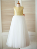 Blumenmädchen Kleider Hellgolden Abendkleider für Hochzeit Satingewebe Kleinkinder Festkleider ärmellos Prinzessin Hochzeit mit Rundkragen