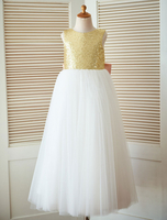 Blumenmädchen Kleider Hellgolden Abendkleider für Hochzeit Satingewebe Kleinkinder Festkleider ärmellos Prinzessin Hochzeit mit Rundkragen