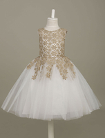 Blumenmädchen Kleider Hellgolden Abendkleider für Hochzeit Tüll ärmellos A-Linie- Hochzeit mit Rundkragen kleid blumenmädchen knielang