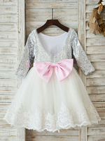Blumenmädchen Kleider Hellgrau Abendkleider für Hochzeit mit Pailletten bestickt Langarm Prinzessin Hochzeit und Rundkragen kleid blumenmädchen