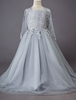 Blumenmädchen Kleider Hellgrau Abendkleider für Hochzeit Satingewebe 3/4 Ärmel Prinzessin Hochzeit mit Rundkragen kleid blumenmädchen bodenlang