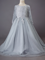 Blumenmädchen Kleider Hellgrau Abendkleider für Hochzeit Satingewebe 3/4 Ärmel Prinzessin Hochzeit mit Rundkragen kleid blumenmädchen bodenlang