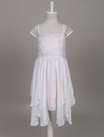 Blumenmädchen Kleider Hellrosa Abendkleider für Hochzeit Chiffon Kurzarm A-Linie- Hochzeit viereckiger Ausschnitt kleid blumenmädchen knielang