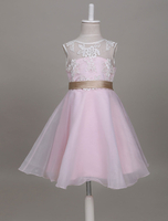 Blumenmädchen Kleider Hellrosa Abendkleider für Hochzeit Organza ärmellos A-Linie- Hochzeit mit Rundkragen kleid blumenmädchen knielang