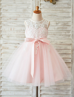 Blumenmädchen Kleider Hellrosa Abendkleider für Hochzeit Satingewebe ärmellos Prinzessin Hochzeit mit Rundkragen kleid blumenmädchen knielang
