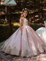 Blumenmädchen Kleider Hellrosa Abendkleider für Hochzeit Satingewebe ärmellos Prom- Hochzeit mit Rundkragen kleid blumenmädchen knöchellang