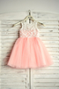 Blumenmädchen Kleider Hellrosa Abendkleider für Hochzeit Spitze ärmellos A-Linie- Hochzeit Illusion Ausschnitt kleid blumenmädchen knielang