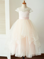 Blumenmädchen Kleider Hellrosa Abendkleider für Hochzeit Tüll Kurzarm Prinzessin Hochzeit mit Rundkragen kleid blumenmädchen bodenlang