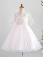 Blumenmädchen Kleider Hellrosa Abendkleider für Hochzeit Tüll Kurzarm Prinzessin Hochzeit mit Rundkragen kleid blumenmädchen knielang