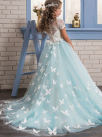 Blumenmädchen Kleider Hellrosa Abendkleider für Hochzeit Tüll Kurzarm Prom- Hochzeit mit Rundkragen kleid blumenmädchen Mit Schleppe und Schnürung