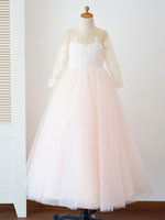 Blumenmädchen Kleider Hellrosa Abendkleider für Hochzeit Tüll Langarm Prinzessin Hochzeit mit Rundkragen kleid blumenmädchen bodenlang