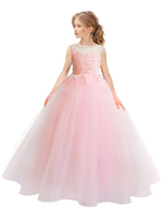 Blumenmädchen Kleider Hellrosa Abendkleider für Hochzeit Tüll ärmellos A-Linie- Hochzeit mit Rundkragen kleid blumenmädchen knöchellang