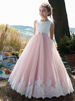 Blumenmädchen Kleider Hellrosa Abendkleider für Hochzeit Tüll ärmellos Prinzessin Hochzeit mit Rundkragen kleid blumenmädchen knöchellang