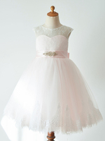 Blumenmädchen Kleider Hellrosa Abendkleider für Hochzeit Tüll ärmellos Prinzessin Hochzeit mit Rundkragen kleid blumenmädchen knielang