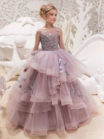 Blumenmädchen Kleider Kamee Rosa Abendkleider für Hochzeit Satingewebe ärmellos Prom- Hochzeit mit Rundkragen kleid blumenmädchen knöchellang