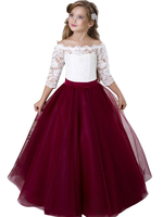Blumenmädchen Kleider Kastanienbraun Abendkleider für Hochzeit Tüll 3/4 Ärmel Prinzessin Hochzeit mit Bateau-Kragen kleid blumenmädchen bodenlang