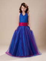 Blumenmädchen Kleider Königsblau Abendkleider für Hochzeit Satingewebe ärmellos Prom- Hochzeit mit Halter kleid blumenmädchen bodenlang