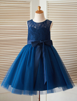 Blumenmädchen Kleider Königsblau Abendkleider für Hochzeit Satingewebe Kleinkinder Festkleider ärmellos Prinzessin Hochzeit mit Rundkragen