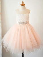 Blumenmädchen Kleider Lachsrosa Abendkleider für Hochzeit Tüll ärmellos Prinzessin Hochzeit mit Rundkragen kleid blumenmädchen knielang