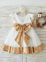 Blumenmädchen Kleider milchweiß Abendkleider für Hochzeit Satingewebe Kurzarm Prinzessin Hochzeit mit Rundkragen kleid blumenmädchen knielang