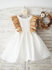 Blumenmädchen Kleider milchweiß Abendkleider für Hochzeit Satingewebe Kurzarm Prinzessin Hochzeit mit Rundkragen kleid blumenmädchen knielang